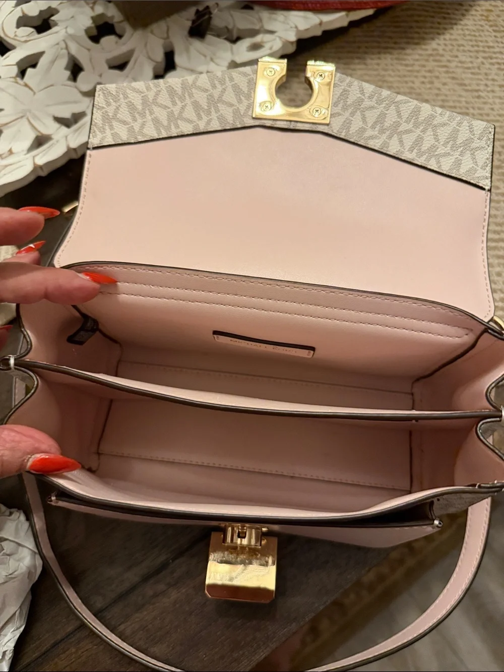 Michael Kors Lita Medium Two-Tone Logo Crossbody Bag in a powder blush